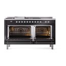 ILVE 60-Inch Nostalgie II Noblesse Natural Gas Dual Fuel Range with 7 Sealed Burners, Griddle, French Top and Triple Glass Door Oven in Glossy Black with Chrome Trim (UN60FSNMPBKC)