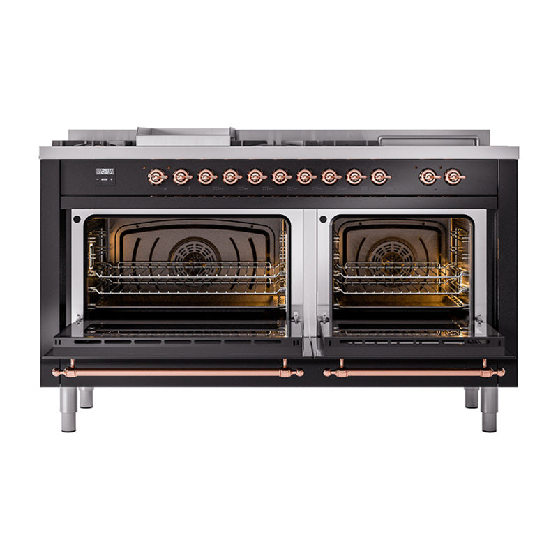 Dual fuel range with both oven doors open showing interior racks and burners