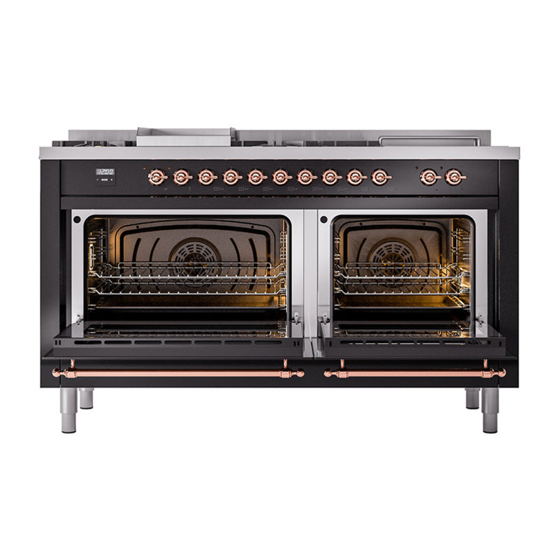 Dual-fuel range with both oven doors open, copper handle, and interior racks