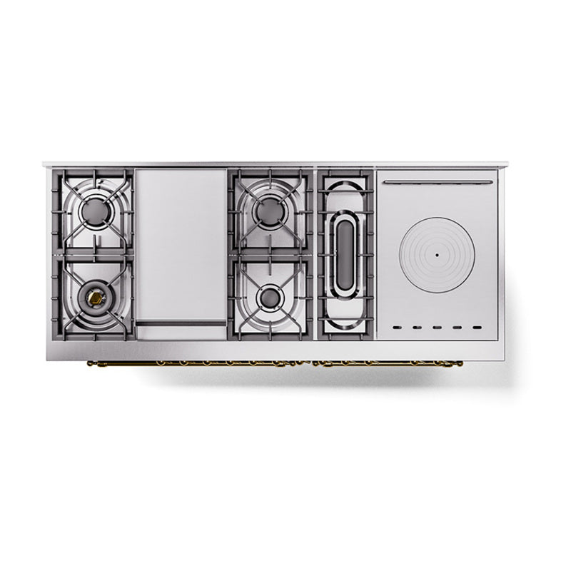 Cooktop burner layout view with four burners and brass base trim detail