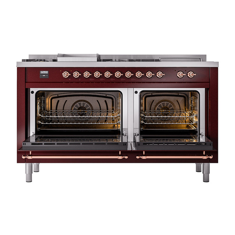 Burgundy range with both oven doors open, showing lit grill and copper trim