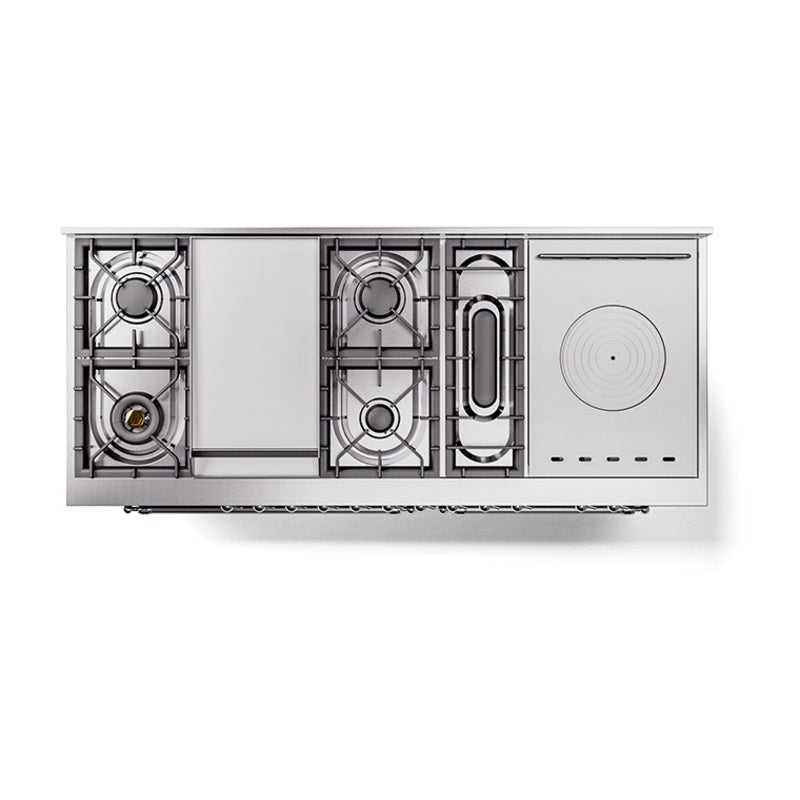 Cutaway view of dual fuel range showing burners and griddle section