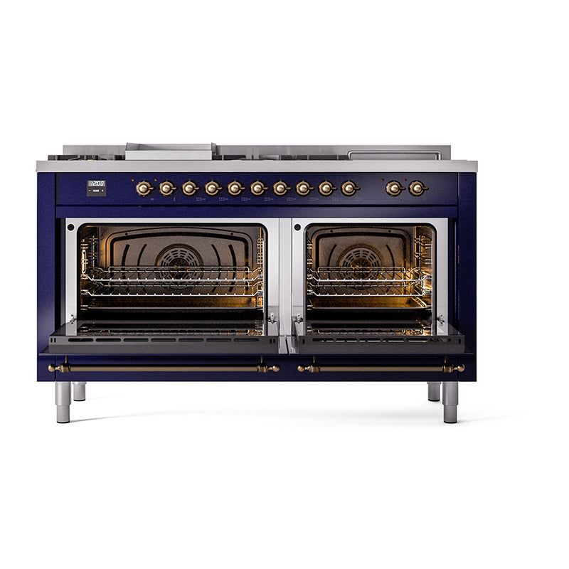 Midnight blue dual fuel range with two open ovens and bronze-trimmed glass doors
