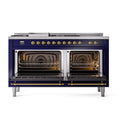 ILVE 60-Inch Nostalgie II Noblesse Natural Gas Dual Fuel Range with 7 Sealed Burners, Griddle, French Top, and Triple Glass Door Oven in Midnight Blue with Brass Trim (UN60FSNMPMBG)