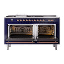 ILVE 60-Inch Nostalgie II Noblesse Propane Gas Dual Fuel Range with 7 Sealed Burners, Griddle, French Top, and Triple Glass Door Oven in Midnight Blue with Copper Trim (UN60FSNMPMBPLP)