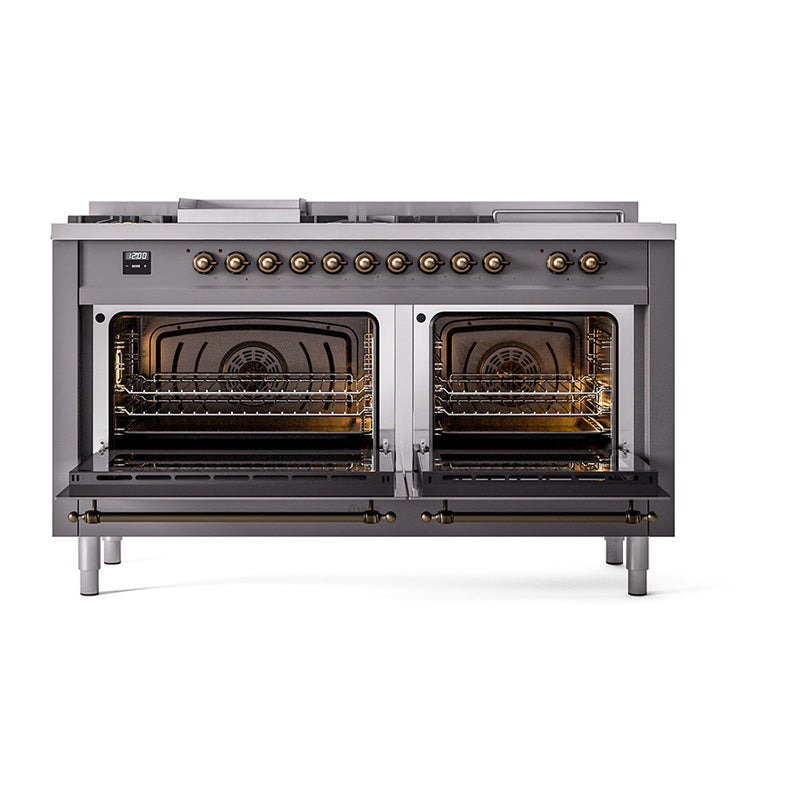 Matte graphite dual fuel range with both oven doors open, racks and burners visible