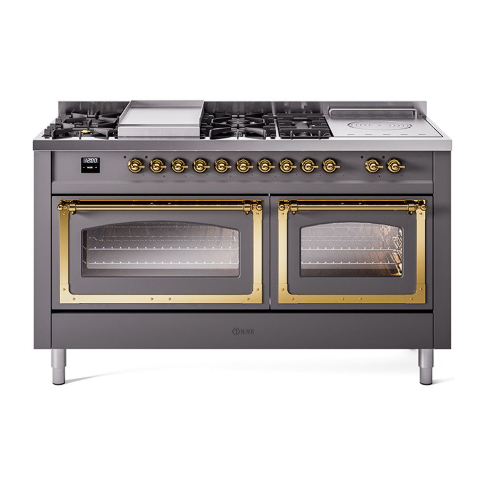 Matte graphite dual fuel range with brass-trimmed burners and dual glass oven doors
