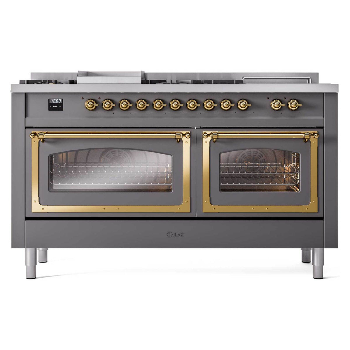 Matte graphite dual-fuel range front with brass-trim oven doors and row of burner knobs