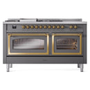ILVE Nostalgie II Noblesse 60-Inch Dual Fuel Range with 7 Burners, Griddle, & French Top with Triple Glass Door Oven in Matte Graphite with Brass Trim (UN60FSNMPMGG)