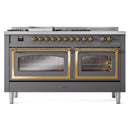 ILVE Nostalgie II Noblesse 60-Inch Propane Gas Dual Fuel Range with 7 Burners, Griddle, & French Top with Triple Glass Door Oven in Matte Graphite with Brass Trim (UN60FSNMPMGGLP)