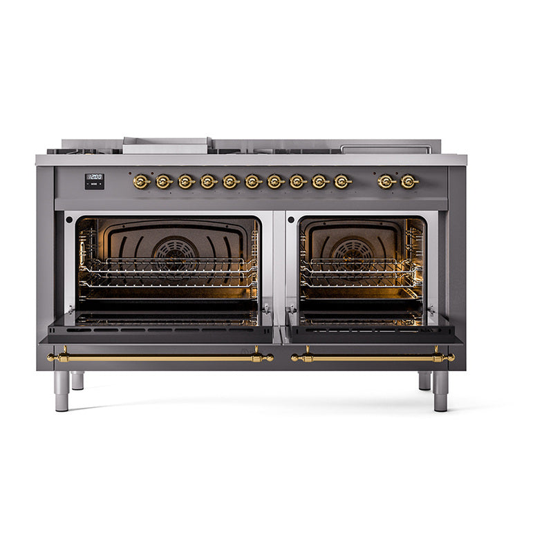 Matte graphite dual fuel range with both oven interiors visible and brass-trimmed doors