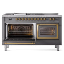 ILVE Nostalgie II Noblesse 60-Inch Dual Fuel Range with 7 Burners, Griddle, & French Top with Triple Glass Door Oven in Matte Graphite with Brass Trim (UN60FSNMPMGG)