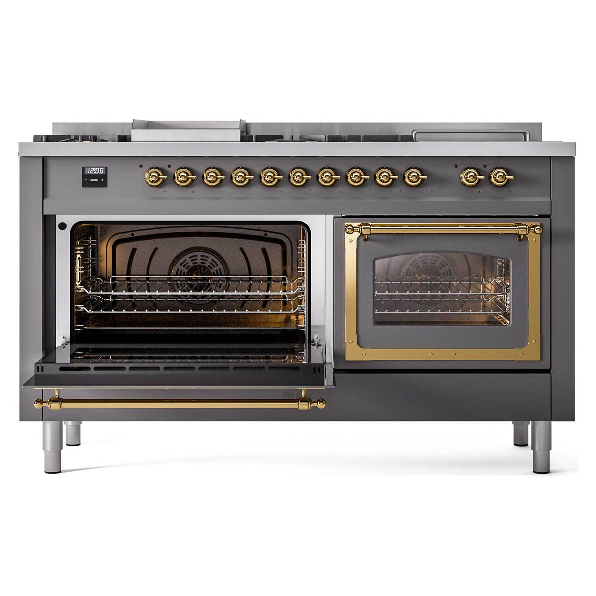 Matte graphite dual fuel range with both ovens open and brass-trimmed oven frames