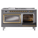 ILVE Nostalgie II Noblesse 60-Inch Dual Fuel Range with 7 Burners, Griddle, & French Top with Triple Glass Door Oven in Matte Graphite with Brass Trim (UN60FSNMPMGG)