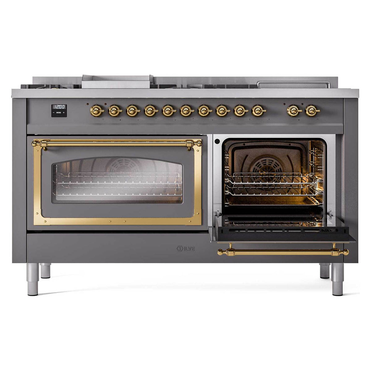 Matte graphite dual fuel range with left glass oven door and right oven door open