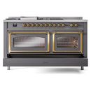 ILVE Nostalgie II Noblesse 60-Inch Dual Fuel Range with 7 Burners, Griddle, & French Top with Triple Glass Door Oven in Matte Graphite with Brass Trim (UN60FSNMPMGG)