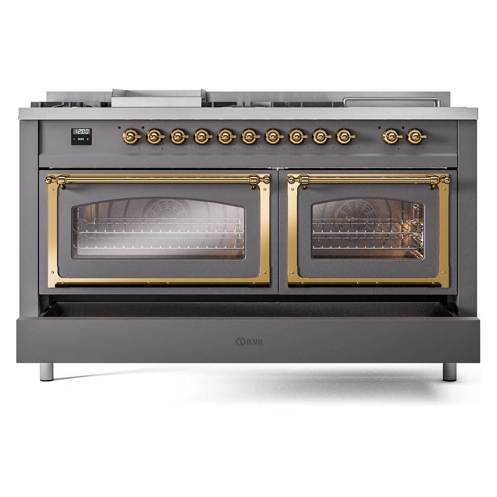 Matte graphite dual fuel range with brass-framed dual ovens and control knobs across top