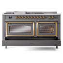 ILVE Nostalgie II Noblesse 60-Inch Propane Gas Dual Fuel Range with 7 Burners, Griddle, & French Top with Triple Glass Door Oven in Matte Graphite with Brass Trim (UN60FSNMPMGGLP)