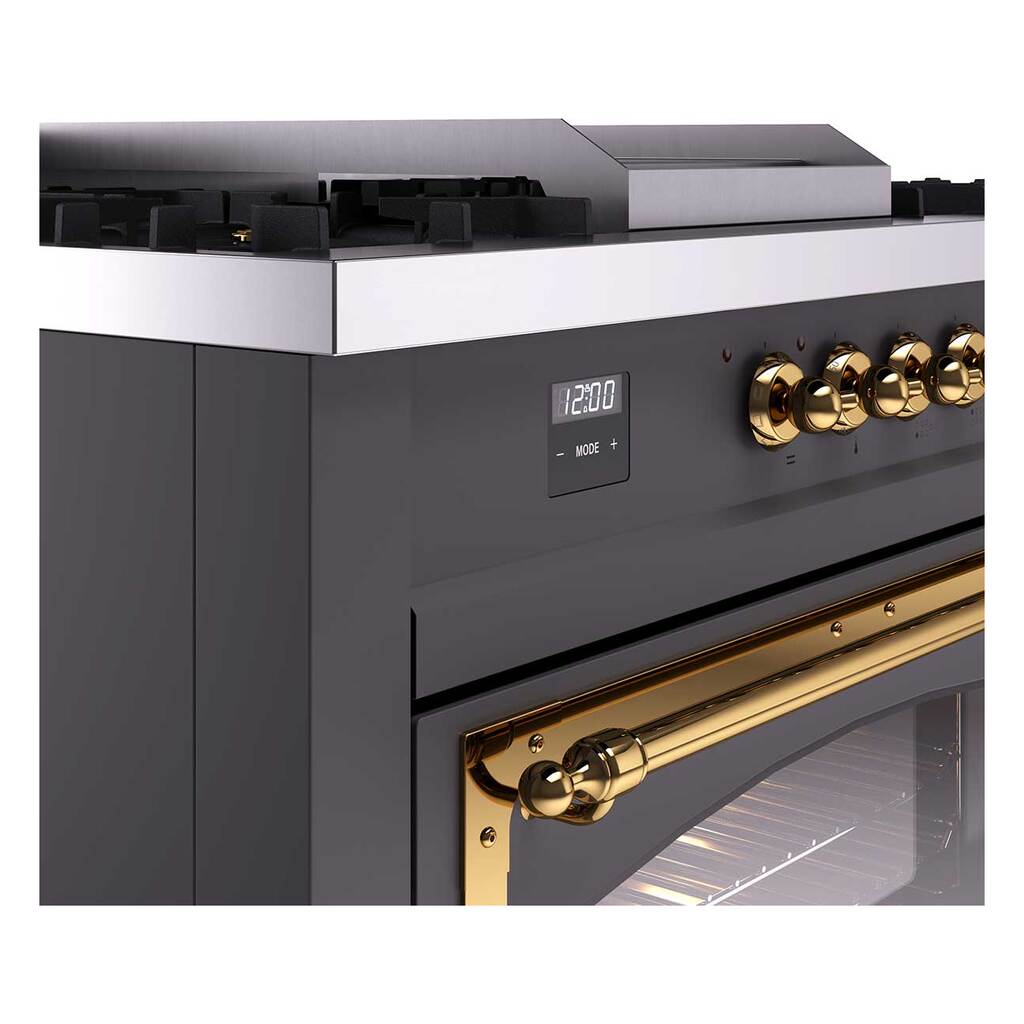 Matte graphite range control panel with brass knobs and digital display