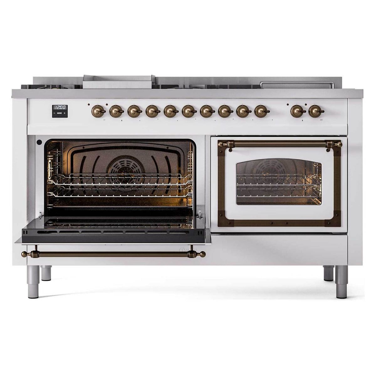 Dual fuel range with both oven doors open, heating elements and racks visible, white exterior.