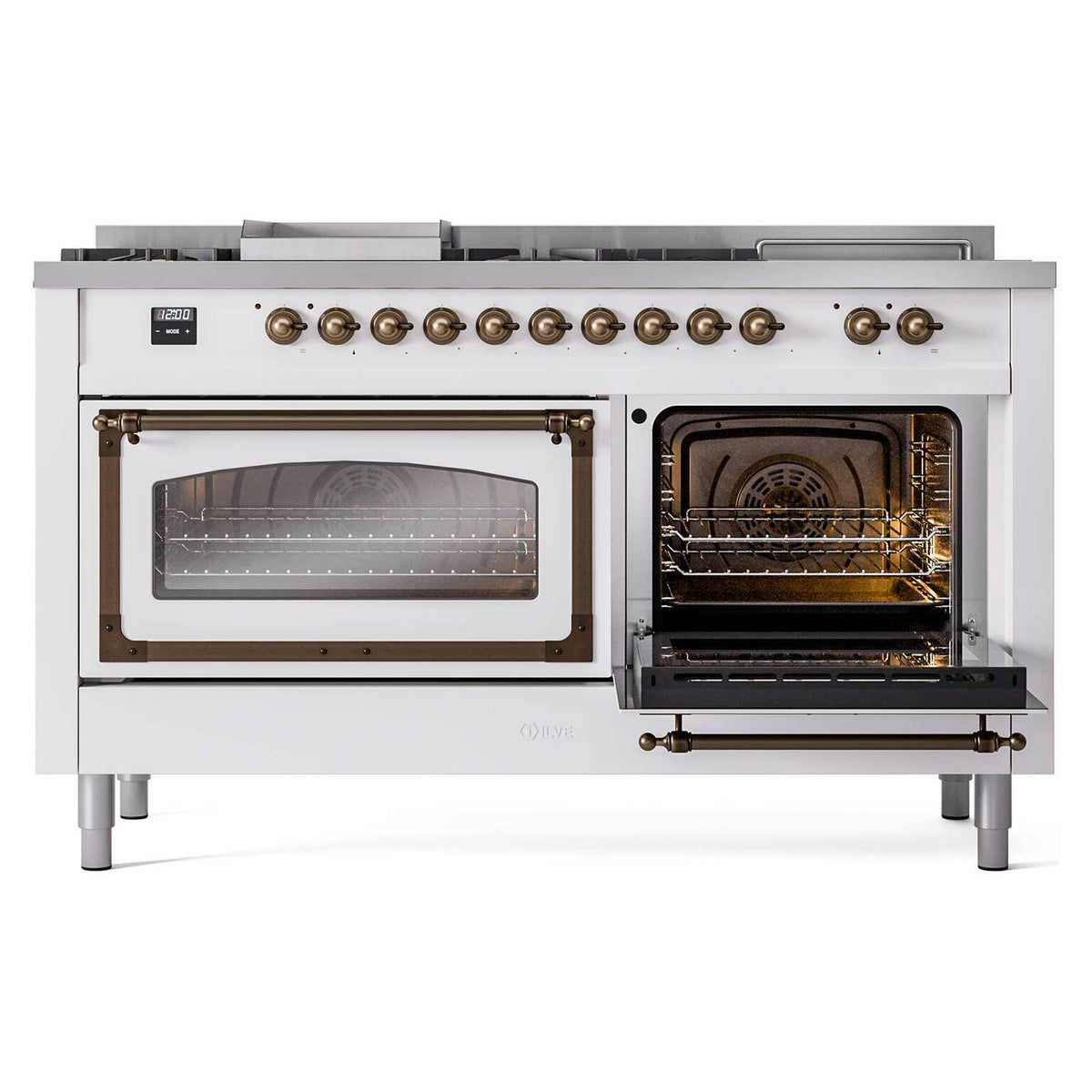 Dual fuel range with right oven open, racks visible inside, bronze control knobs on top.