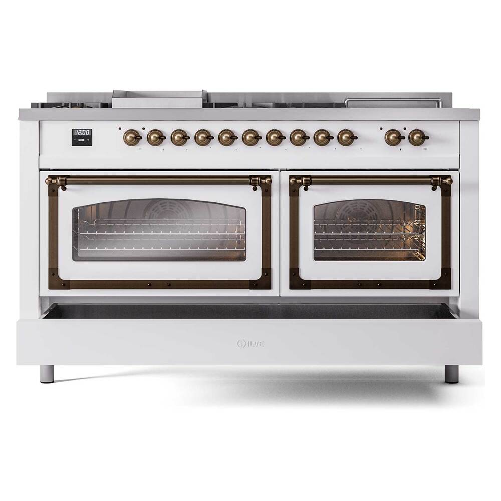 Dual fuel range front view with two closed glass oven doors and bronze knobs, white panel.