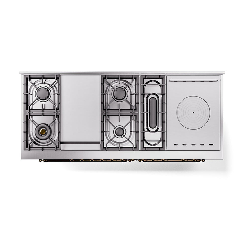 Dual fuel range internal layout showing burners, piping, and a circular component on the right.