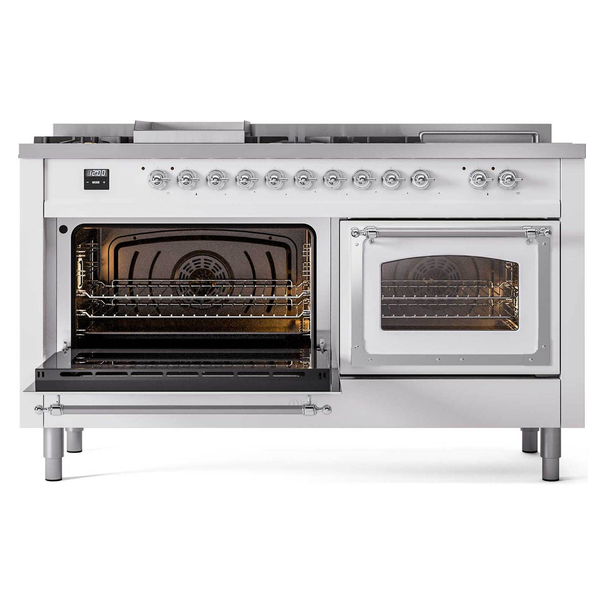 White range with left oven open and right oven door with glass panel, chrome trim