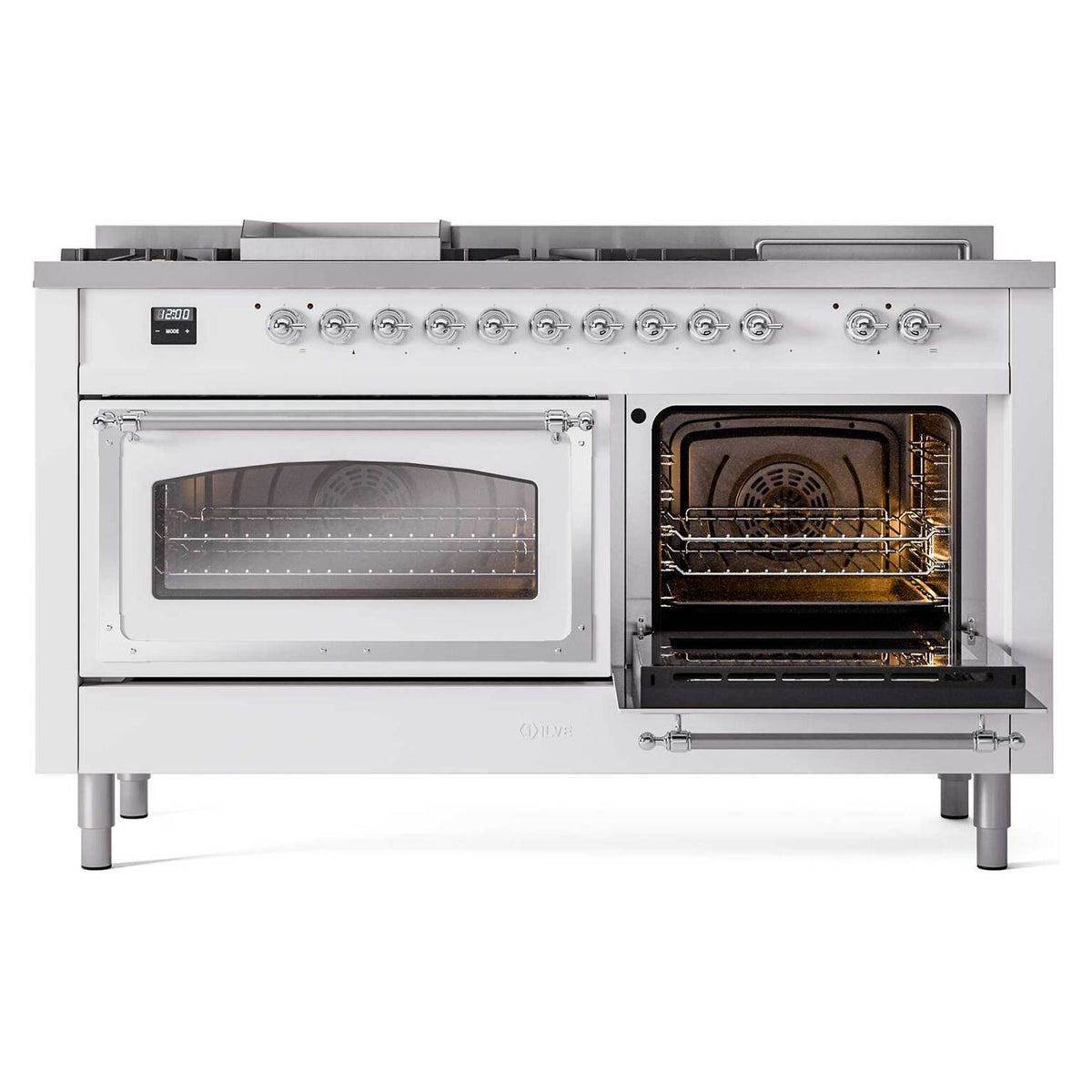 Dual fuel range with one oven glass door and one oven door open, interior heating visible
