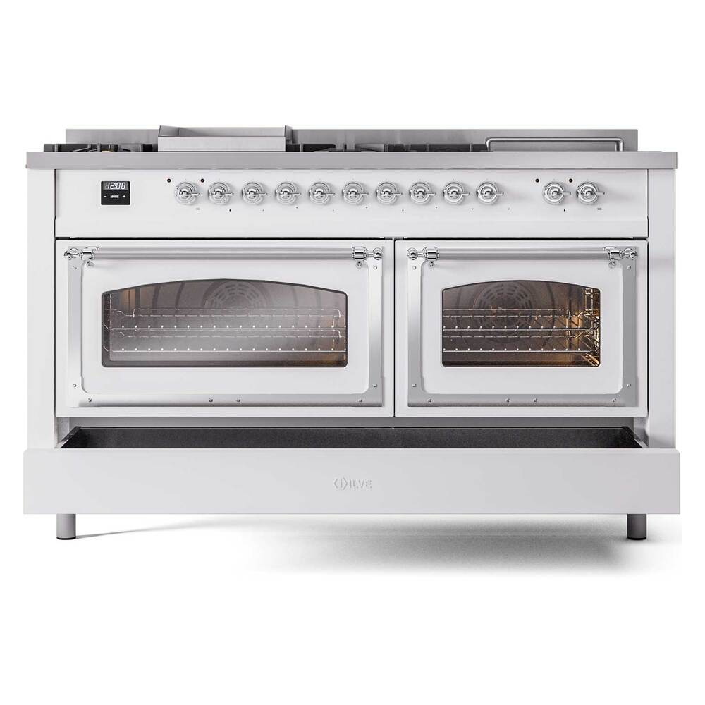 White dual-fuel range with both oven doors open and oven interiors visible
