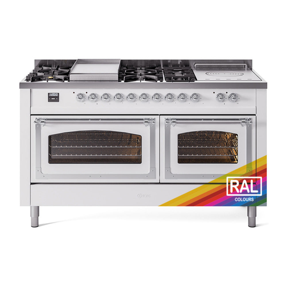 Dual fuel range with chrome-trimmed double oven doors and burner control knobs, white body