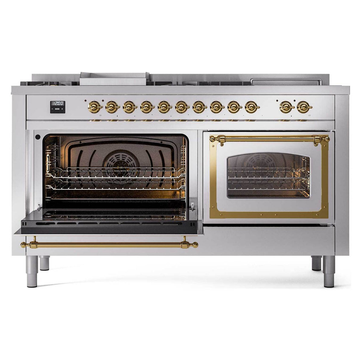 Propane dual fuel range with one open oven door and brass trims, control panel visible