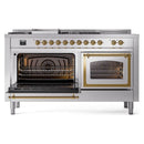 ILVE 60-Inch Nostalgie II Noblesse Natural Gas Dual Fuel Range with 7 Sealed Burners, Griddle, French Top, and Triple Glass Door Oven in RAL with Brass Trim (UN60FSNMPRAG)