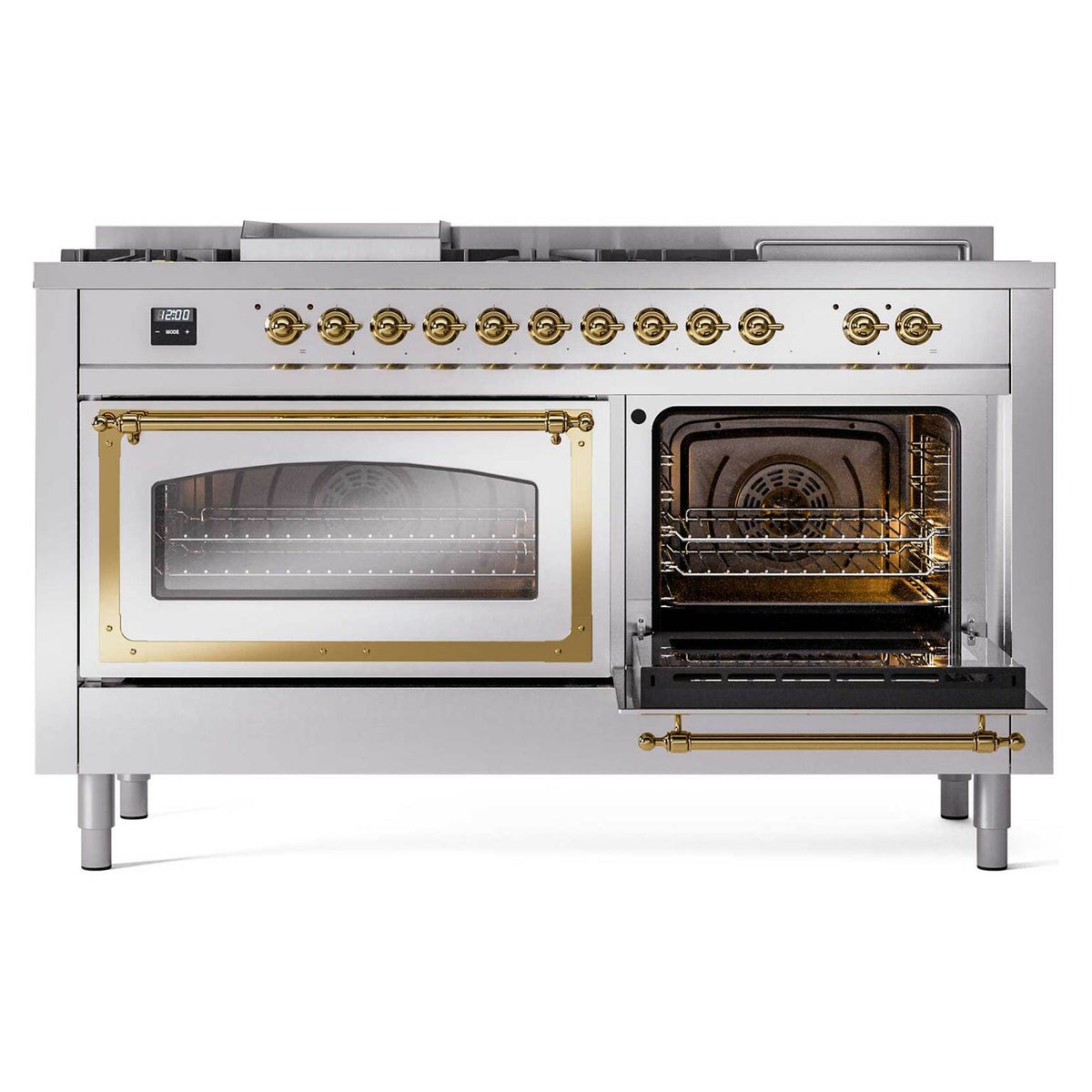 Dual fuel range with one oven open and the other open door, interior racks visible