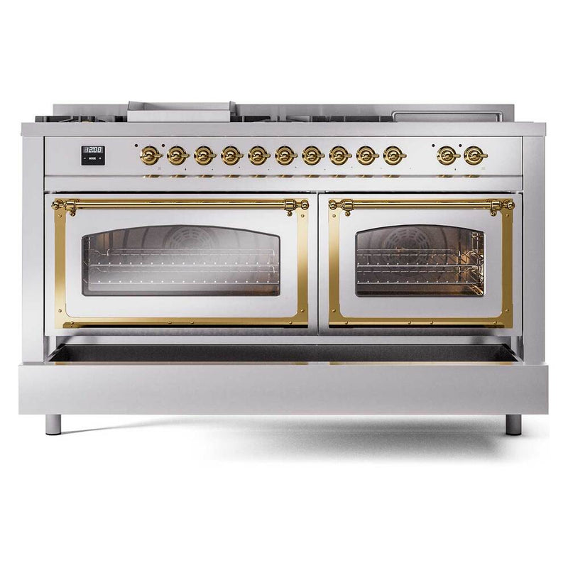 ILVE 60-Inch Nostalgie II Noblesse Dual Fuel Range with 7 Sealed Burners, Griddle, French Top, and Triple Glass Door Oven in RAL with Brass Trim (UN60FSNMPRAG)