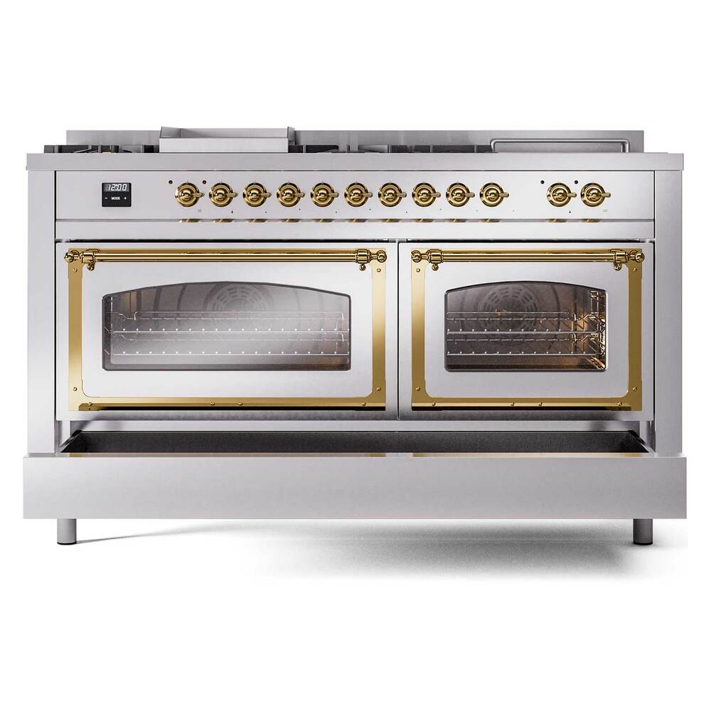 Dual fuel range front view with both ovens closed and brass door frames