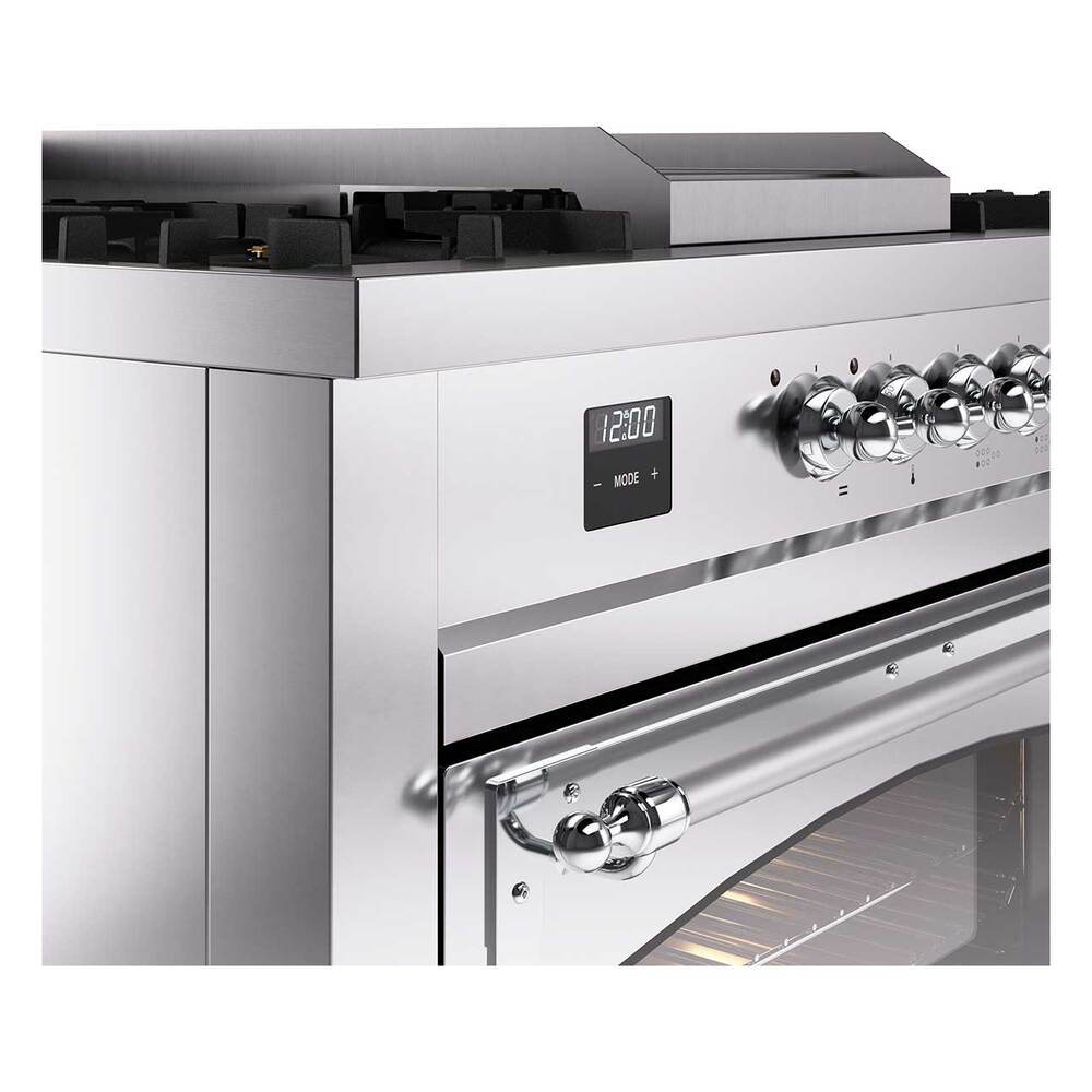 Dual fuel range control panel and brass oven handle with clock display