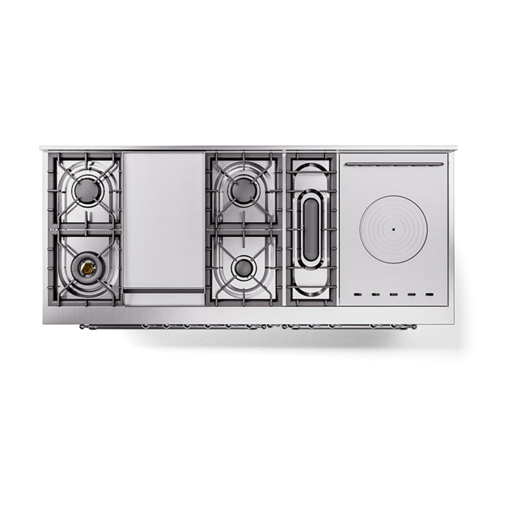 Nostalgie II dual fuel range open cooktop showing burners and French top