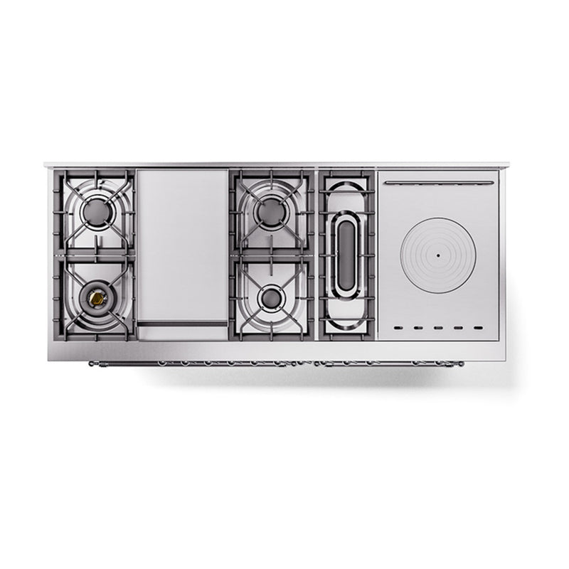 ILVE 60-Inch Nostalgie II Noblesse Dual Fuel Range with 7 Sealed Burners, Griddle, French Top, and Triple Glass Door Oven in RAL with Brass Trim (UN60FSNMPRAG)