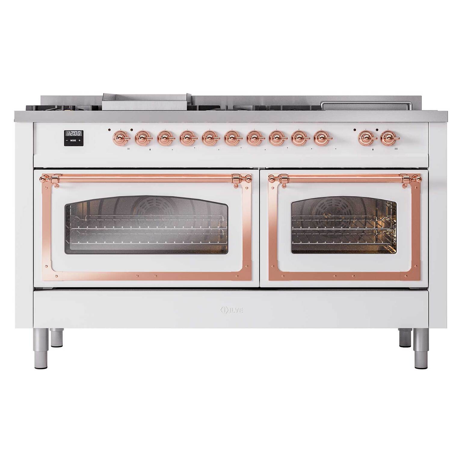 Dual fuel range with French top burners and two closed ovens with copper-trim doors