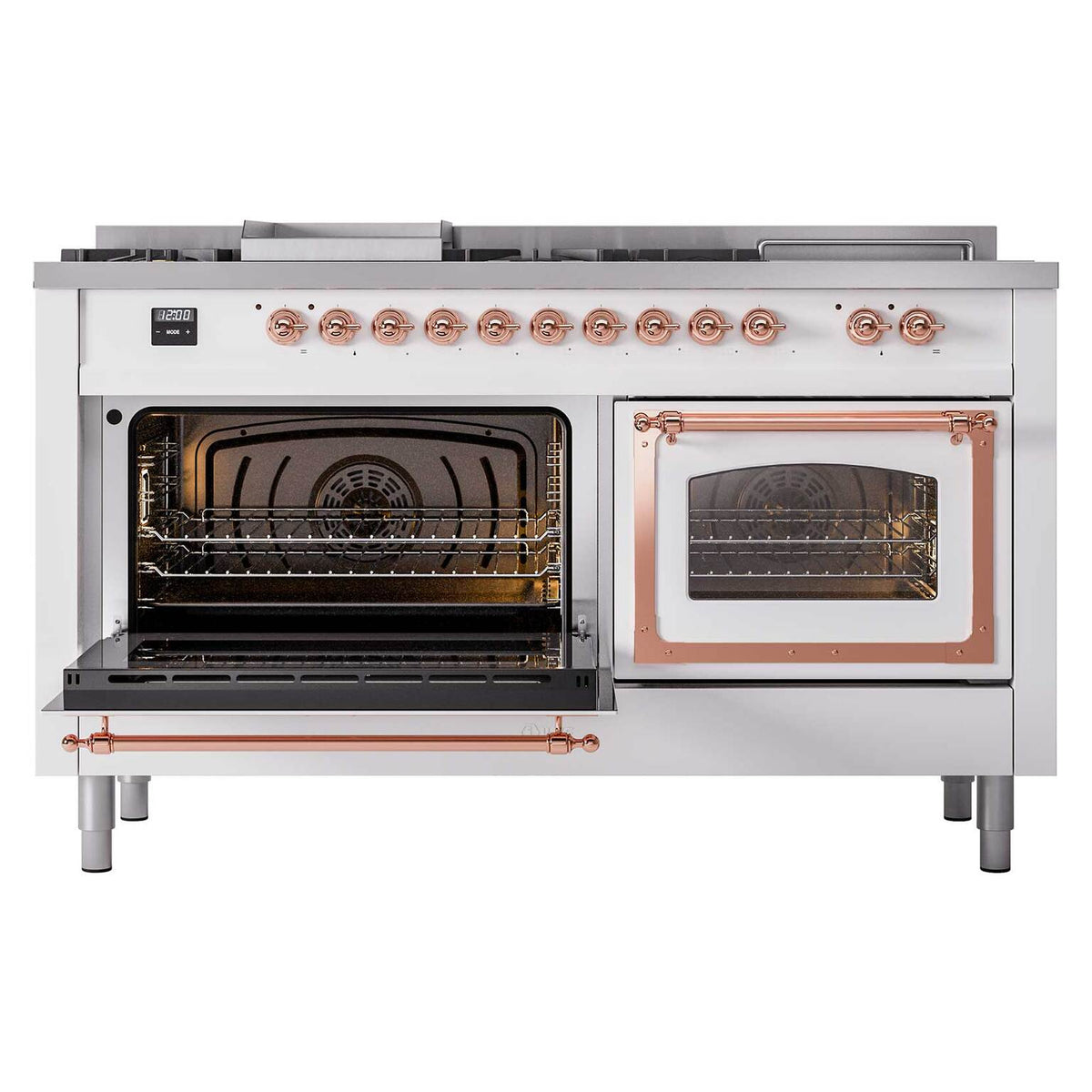 White dual-fuel range with left oven open, right oven closed, copper trim knobs