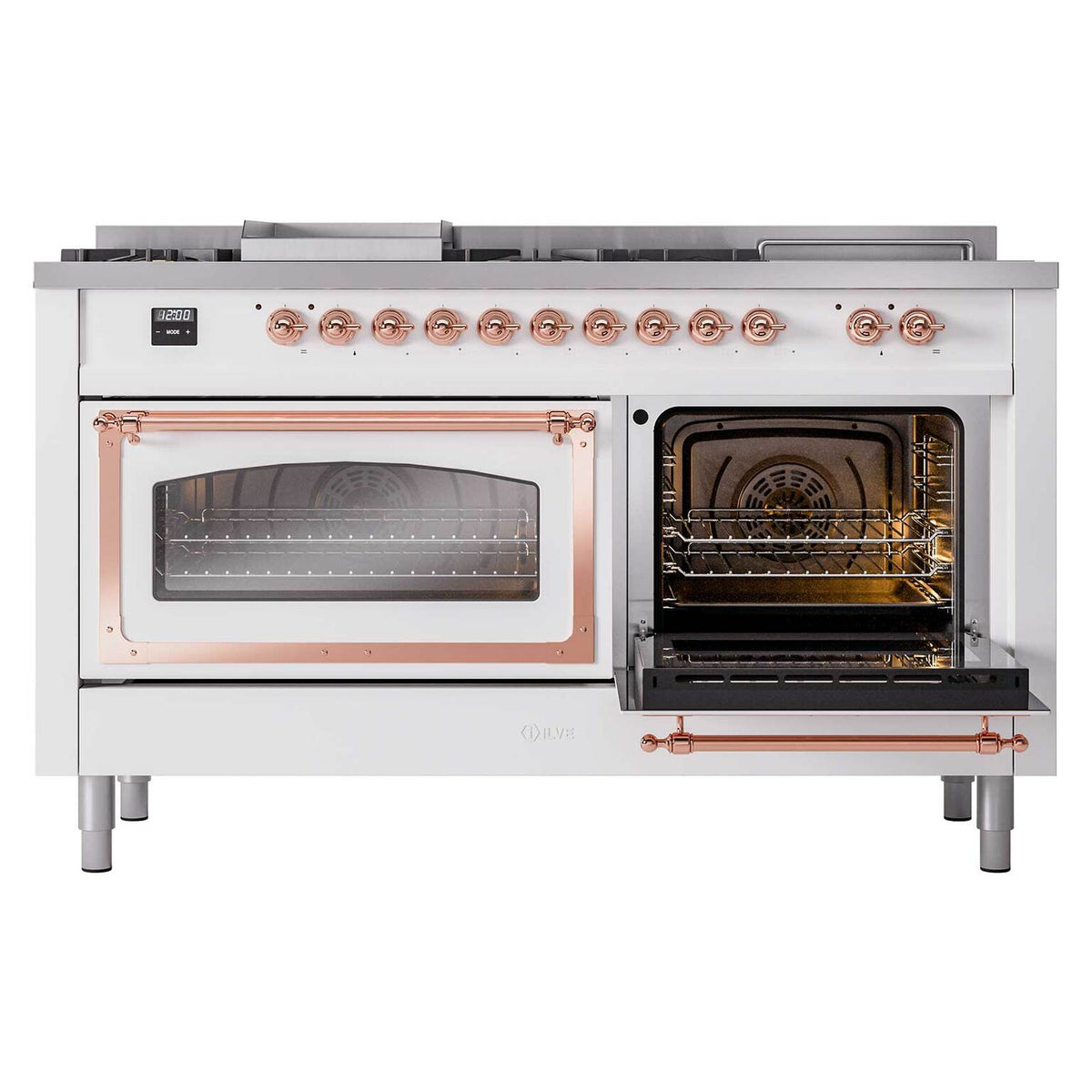 White dual-fuel range with right oven open, left oven closed, copper trim knobs