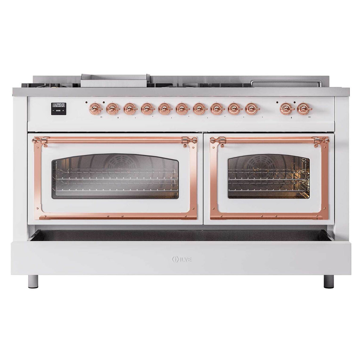 White dual-fuel range with both oven doors open and copper-trim bar handles