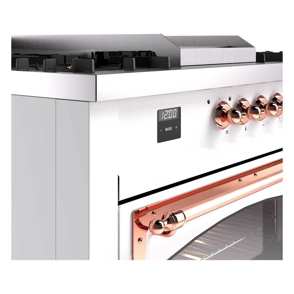 Dual fuel range control panel with copper knobs, digital display, and lit oven front
