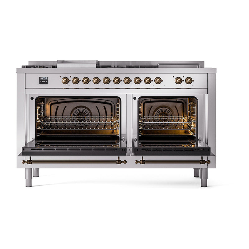 Stainless steel range with both ovens open, bronze-trimmed handles and glass doors