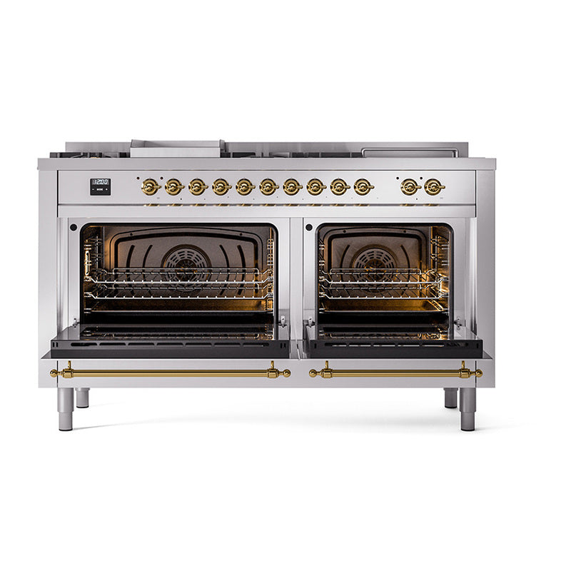 Dual fuel range front with both ovens open, showing racks and heating elements