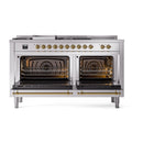ILVE 60-Inch Nostalgie II Noblesse Propane Gas Dual Fuel Range with 7 Sealed Burners, Griddle, French Top, and Triple Glass Door Oven in Stainless Steel with Brass Trim (UN60FSNMPSSGLP)