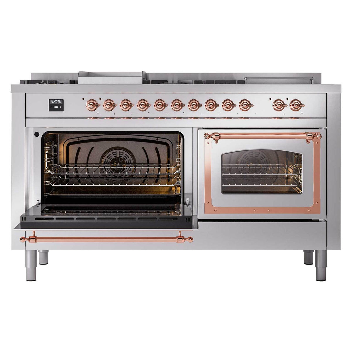 Stainless steel dual fuel range showing left oven open and right oven door closed