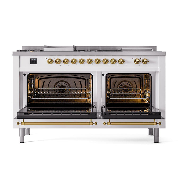 White range with open brass-trimmed oven doors showing burners and oven interiors