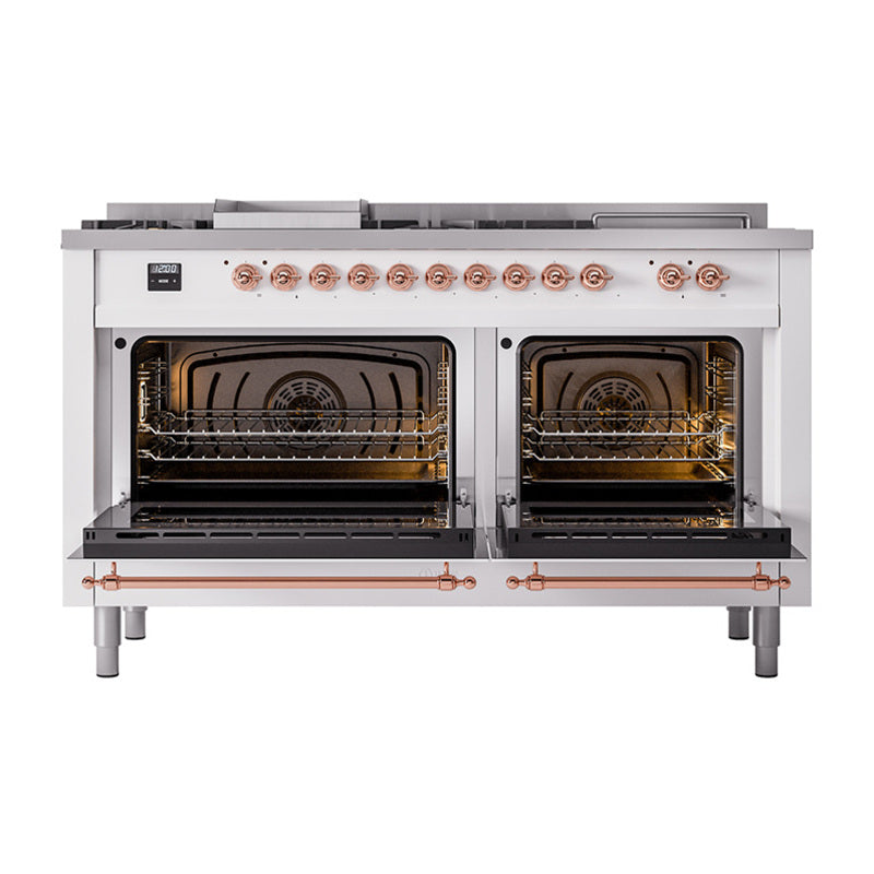 Dual fuel range with two oven doors open, copper handles, and dark interior racks
